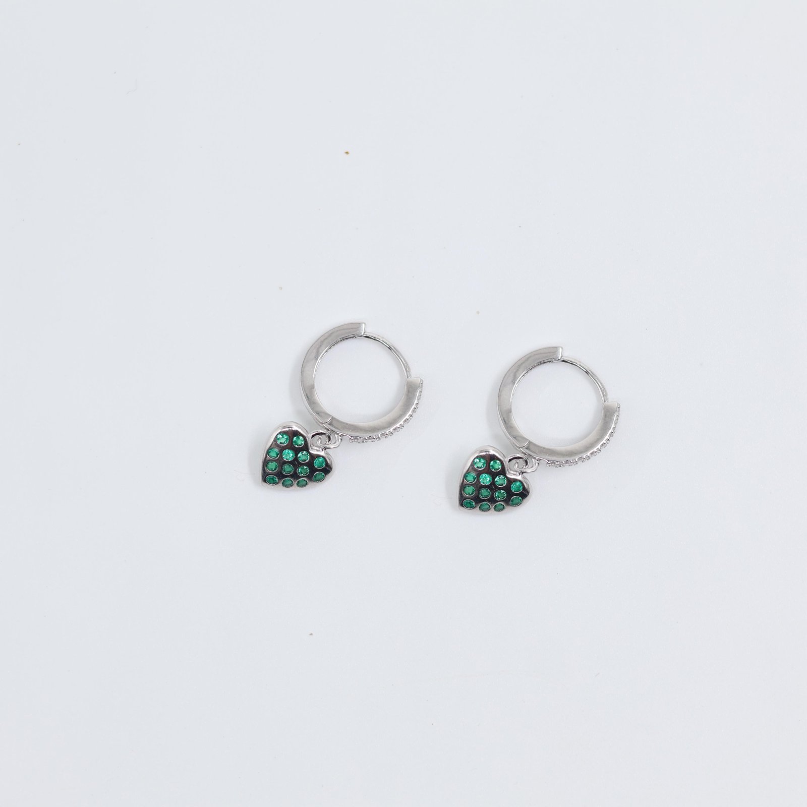 Silver Green Heart Charm Hoop Earrings