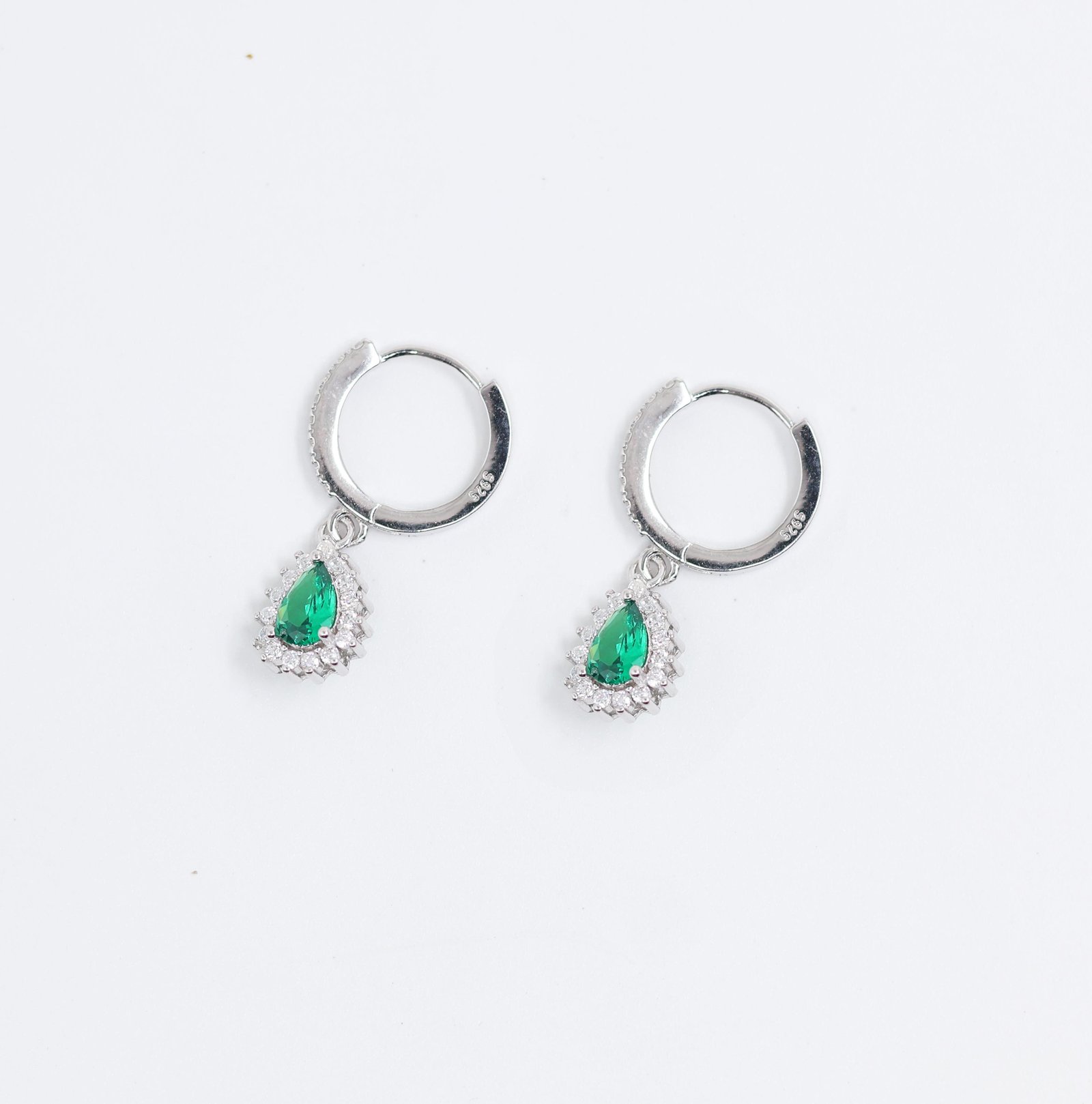 S925 Silver Green Emerald Teardrop Hoop Earrings