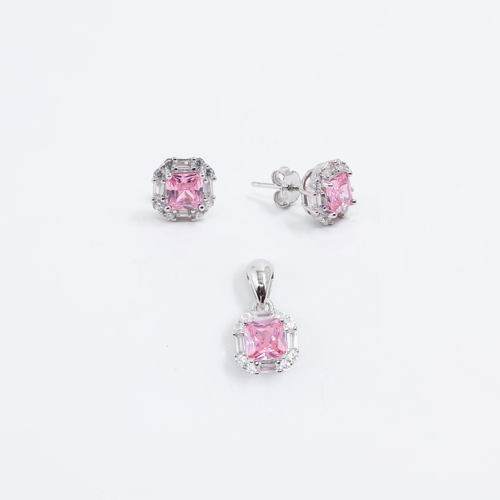 Silver Pink Square Crystal Earring & Pendant Set
